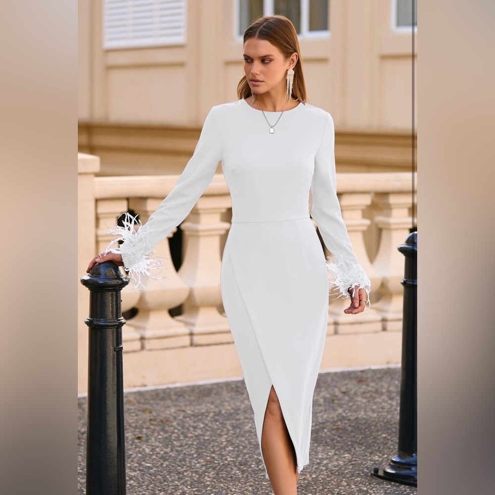 Chic White Long-Sleeve Sheath Dress with Feather Cuff Detail
